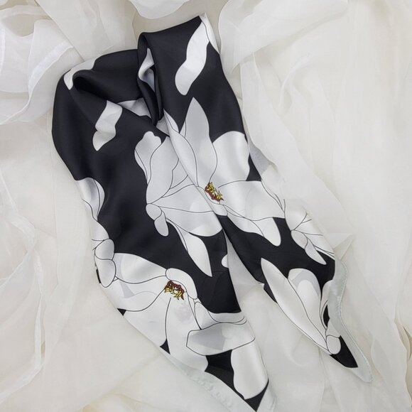 Luxurious Chic Silky Square Scarf Soft Black White Magnolia Floral Print Bandana - Picture 3 of 5